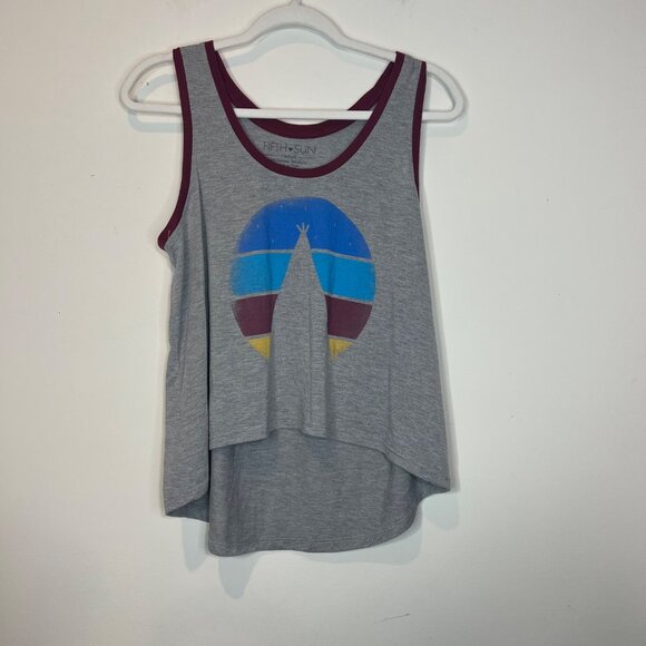 Fifth Sun Tank Top M Womens Grey Multicolor Graphic Print High Low Size Medium - Picture 2 of 8